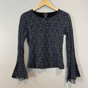 Vtg 90s Y2K Going Out Top Size Medium Blue Nylon Mesh Bell Sleeves Dark Fairy